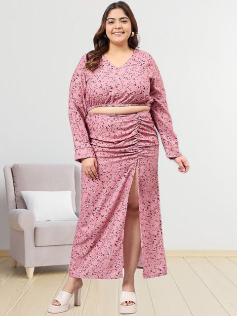 Sztori Plus Size Floral Printed V-Neck Top With Skirt