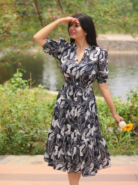 DressBerry Women Botanical Printed Fit & Flare Midi Dress