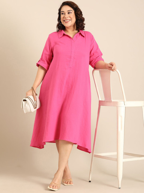 The Pink Moon Women Cotton Pink A-Line Shirt Midi Dress