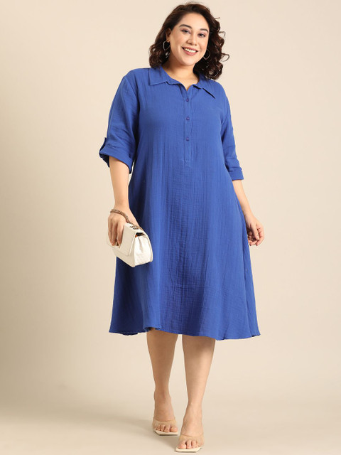 The Pink Moon Women Cotton Midi Cobalt Shirt Dress