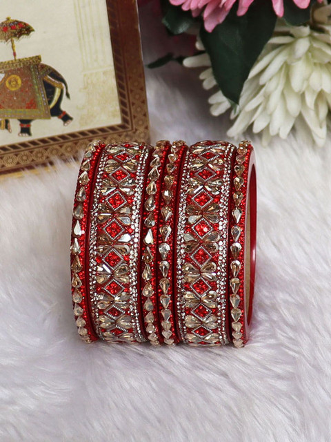 TAJ BRIDAL STORE Set Of 6 Kundan Studded Bangles