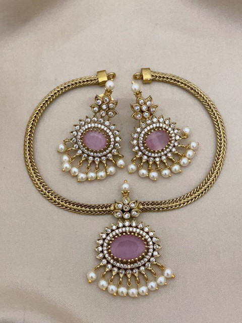 D Rio Fashions Gold-Plated Cubic Zirconia Stone Studded & Beaded Jewellery Set