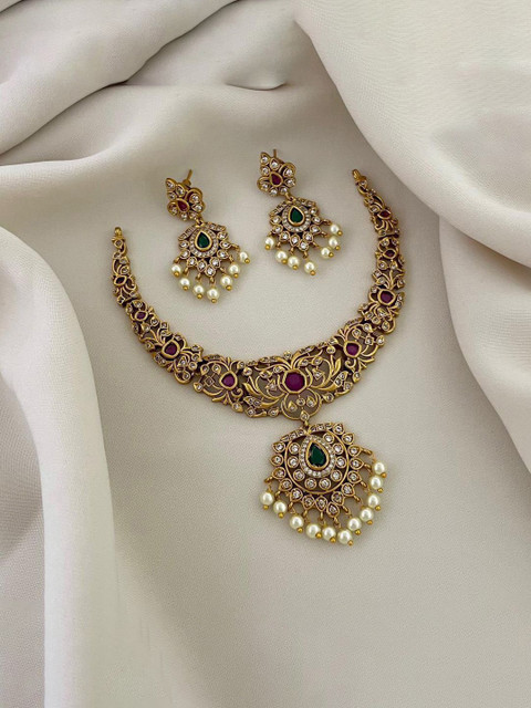D Rio Fashions Gold-Plated Cubic Zirconia Stone Studded & Beaded Jewellery Set
