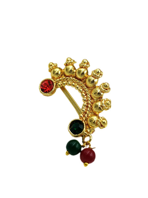LUKELLO Gold-Plated Artificial Stones Studded & Beaded Ring Nosepin