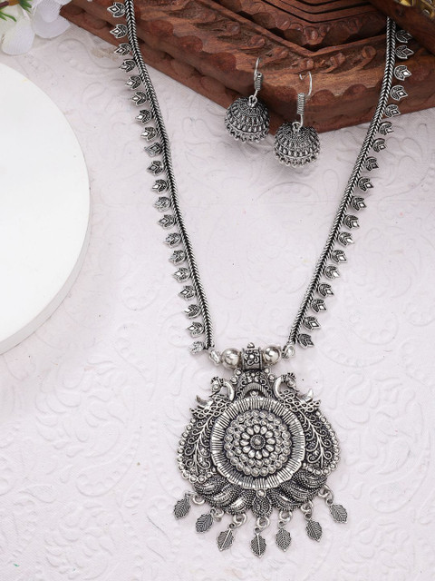 Sangria Women Silver-Toned Peacock Design Oxidized Necklace with Jhumka Earrings