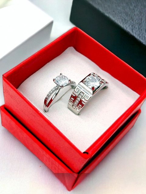 kazare Set Of 2 Rhodium Plated Stones Studded Adjustable Couple Finger Rings