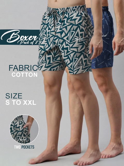 CHROME & CORAL Men Pack Of 2 Geometric Printed Cotton Shorts - Image 5