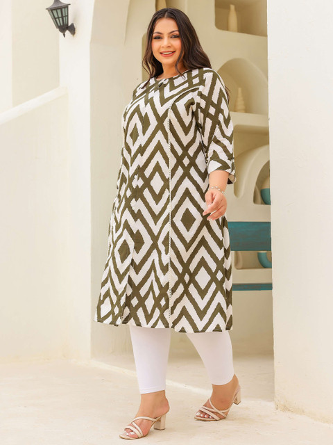 FLAVIA CREATION Plus Size Geometric Printed Round Neck Panelled Straight Cotton Kurta - Image 4