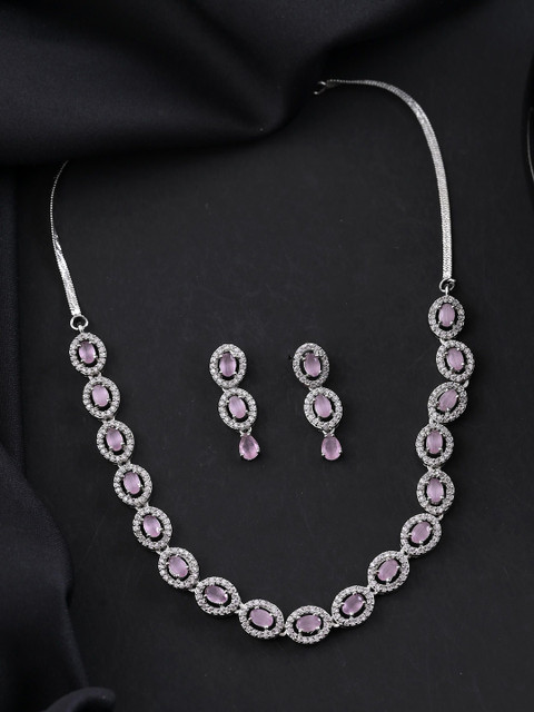 Silver Toned Baby Pink Stone Studded Circular AD Jewellery Set