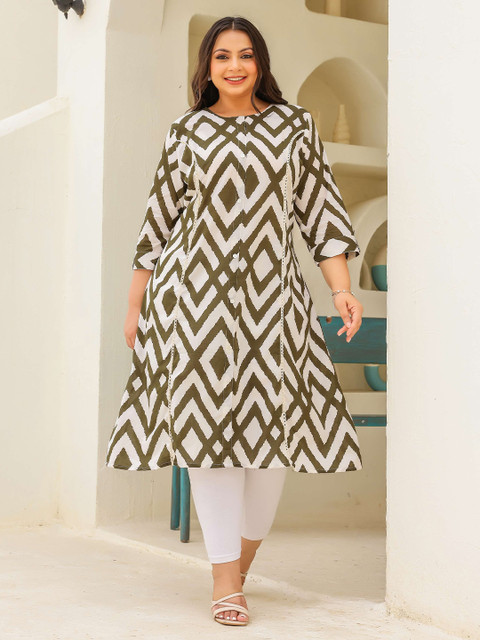 FLAVIA CREATION Plus Size Geometric Printed Round Neck Panelled Straight Cotton Kurta
