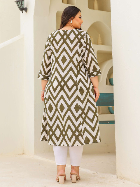 FLAVIA CREATION Plus Size Geometric Printed Round Neck Panelled Straight Cotton Kurta - Image 5