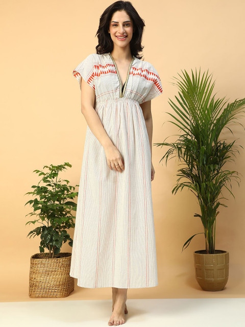 Oxolloxo Women Elasticated V-Neck Short Sleeve Beachwear Cotton Dress With Slit Cut