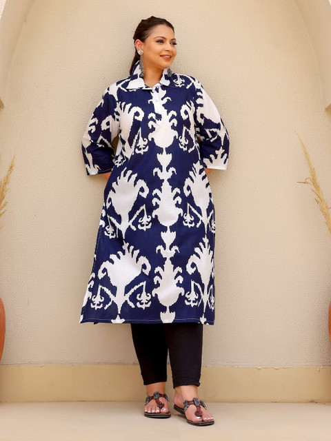 FLAVIA CREATION Plus Size Floral Printed Shirt Collar Straight Cotton Kurta