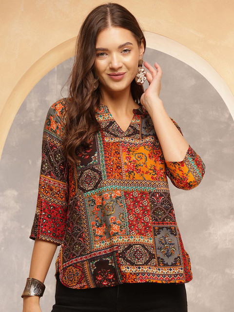 Anouk Rustic Women Ethnic Motifs Printed Mandarin Collar Top