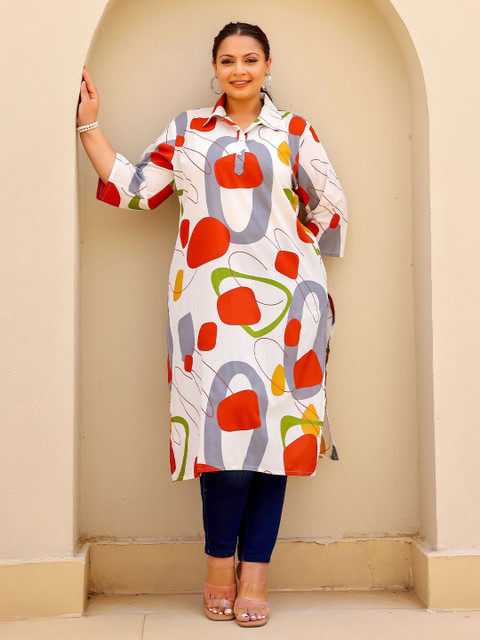 FLAVIA CREATION Plus Size Geometric Printed Shirt Collar Straight Cotton Kurta