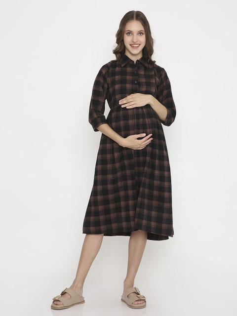 NIGHTSPREE Women Checked Shirt Collar Maternity Fit & Flare Midi Dress