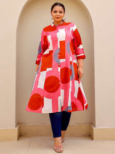 FLAVIA CREATION Women Plus Size Mandarin Collar Printed Cotton Kurta
