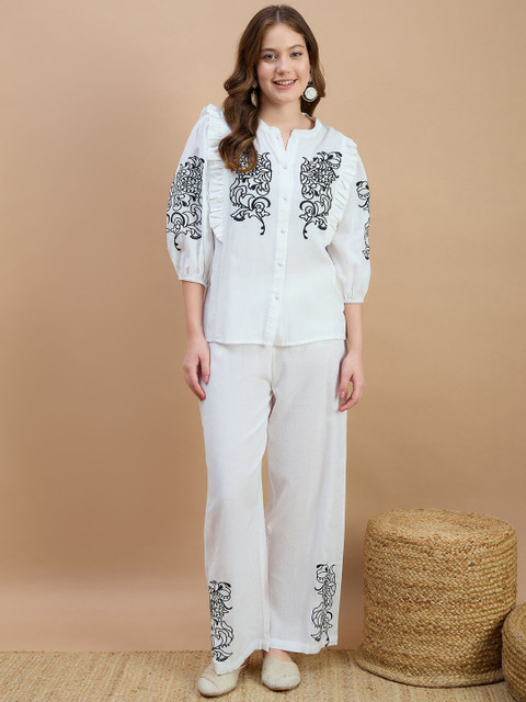 ZUMMER Embroidered Mandarin Collar Top With Palazzos Co-Ords