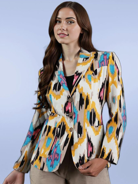 Talethread Printed Jaipur Cotton Single-Breasted Casual Blazer