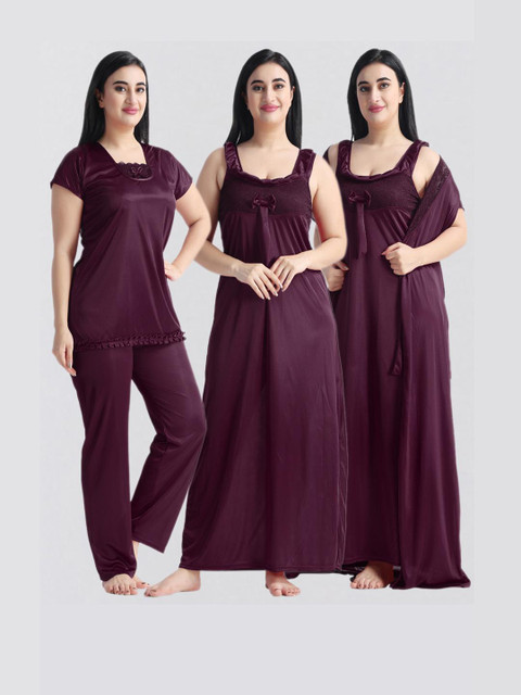 NIGHT KEYS Women Satin Sweat Nightdress With Robe & Night Suit