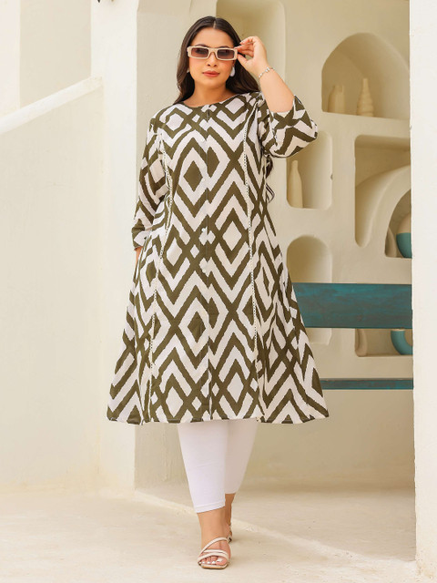 FLAVIA CREATION Plus Size Geometric Printed Round Neck Panelled Straight Cotton Kurta - Image 6