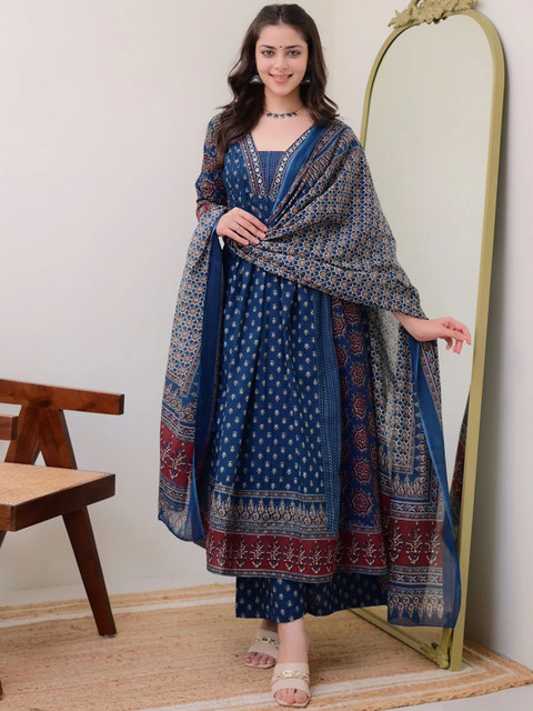 KALINI Floral Printed V Neck Anarkali Kurta With Trousers & Dupatta - Image 4