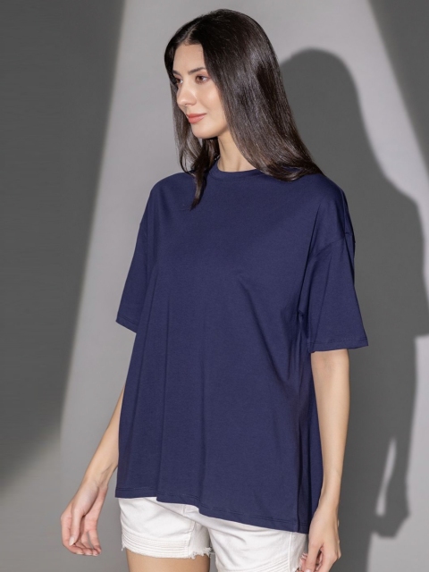 TITTLI Women Solid Round Neck Cotton Oversized T-shirt - Image 3