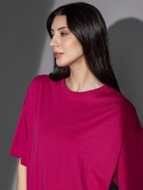TITTLI Women Solid Round Neck Cotton Oversized T-shirt - Image 2