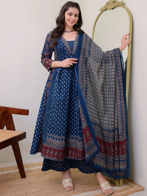 KALINI Floral Printed V Neck Anarkali Kurta With Trousers & Dupatta - Image 3
