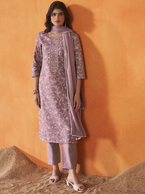 Anouk Floral Printed Thread Work Kurta Trousers & Dupatta - Image 5