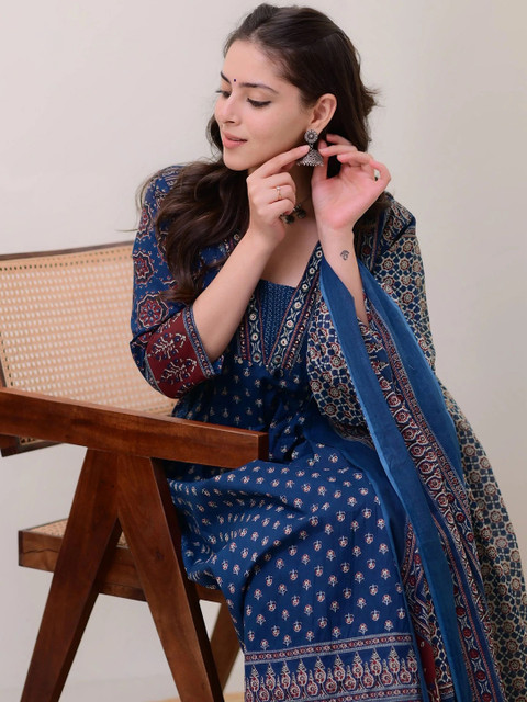 KALINI Floral Printed V Neck Anarkali Kurta With Trousers & Dupatta - Image 6