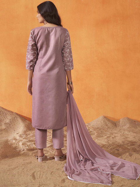 Anouk Floral Printed Thread Work Kurta Trousers & Dupatta - Image 4