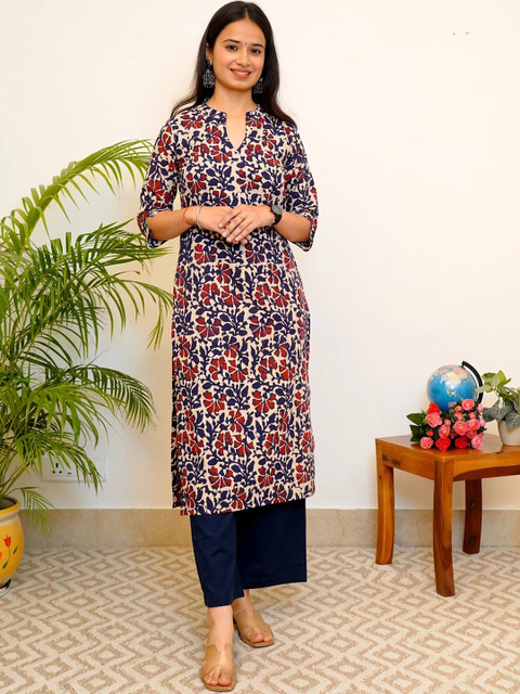 JEMCY Floral Printed Mandarin Collar Cotton Kurta