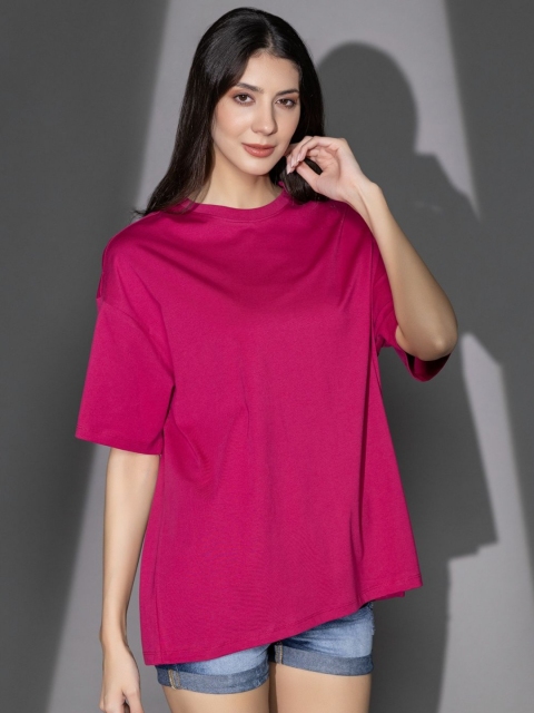 TITTLI Women Solid Round Neck Cotton Oversized T-shirt - Image 3