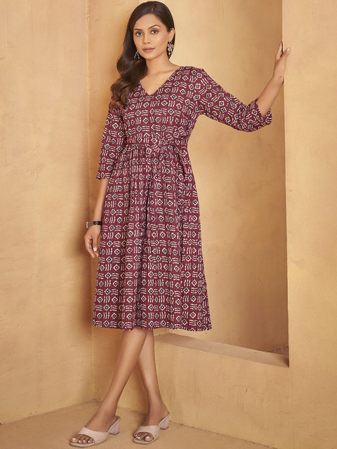 Anouk Printed Belted Pure Cotton Fit & Flare Dress