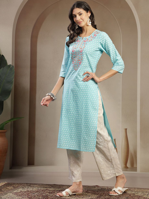Sangria Floral Embroidered Cotton Notch Neck Straight Kurta