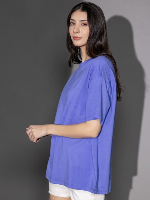TITTLI Women Solid Round Neck Cotton Oversized T-shirt - Image 3