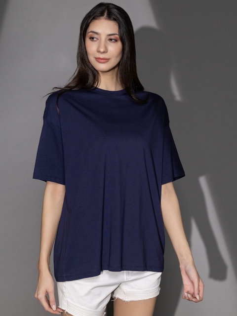 TITTLI Women Solid Round Neck Cotton Oversized T-shirt - Image 6