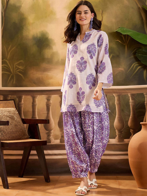 Sangria Women Floral Printed Linen Kurta with Salwar