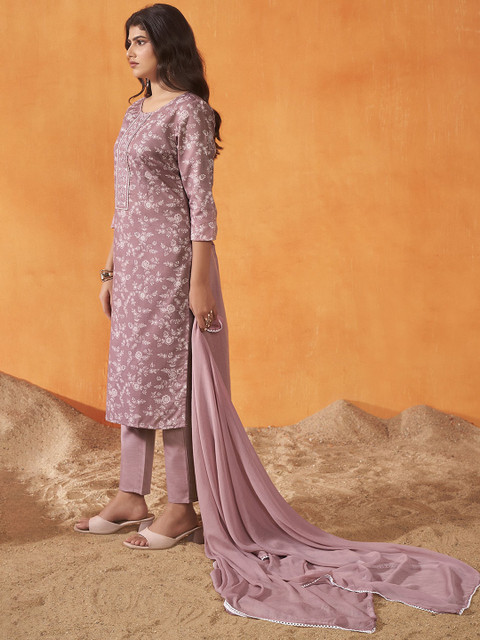 Anouk Floral Printed Thread Work Kurta Trousers & Dupatta - Image 3