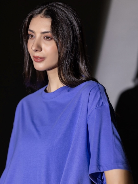 TITTLI Women Solid Round Neck Cotton Oversized T-shirt - Image 2