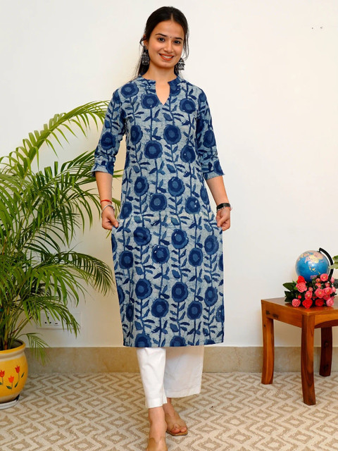 JEMCY Floral Printed Mandarin Collar Cotton Kurta
