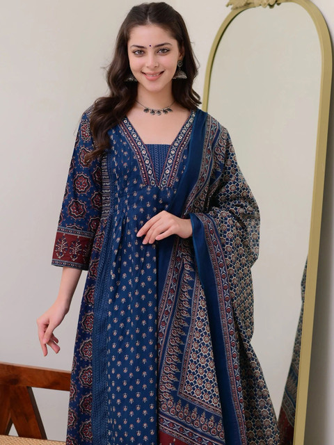 KALINI Floral Printed V Neck Anarkali Kurta With Trousers & Dupatta - Image 5