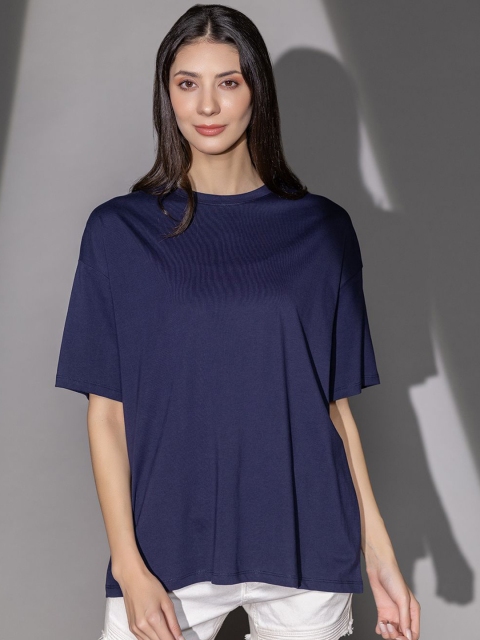 TITTLI Women Solid Round Neck Cotton Oversized T-shirt - Image 4