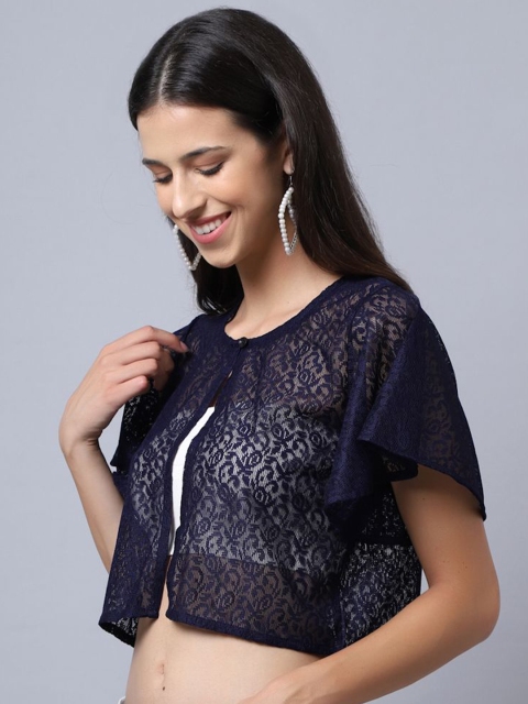 A AND K Self Design V-Neck Short Sleeves Open front Cotton Shrug - Image 4