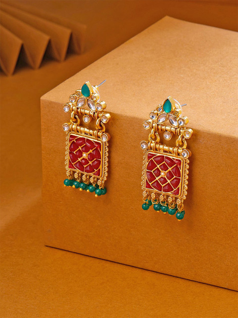 Yellow Chimes Gold Plated Artificial Stones Studded Contemporary Drop Earrings