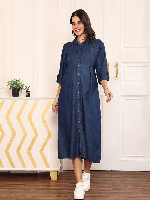 MomToBe Women Denim Maternity A-Line Midi Dress