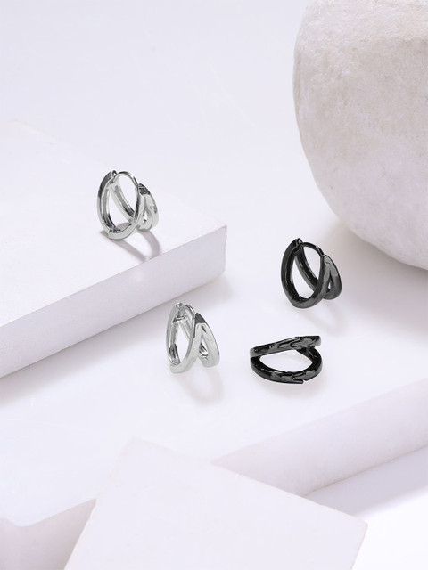 Yellow Chimes Men Set Of 2 Rhodium Plated Contemporary Hoop Earrings