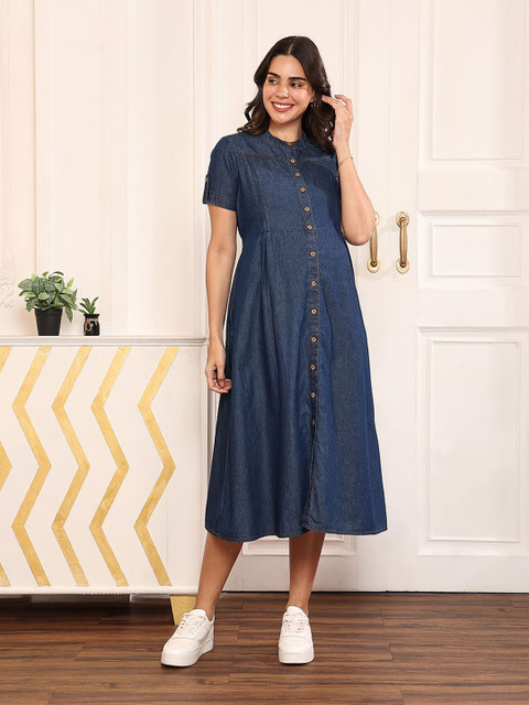 MomToBe Women Cotton Dark Blue Maternity Denim A-line Midi Dress