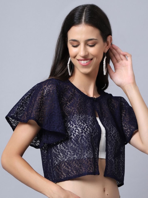 A AND K Self Design V-Neck Short Sleeves Open front Cotton Shrug - Image 3